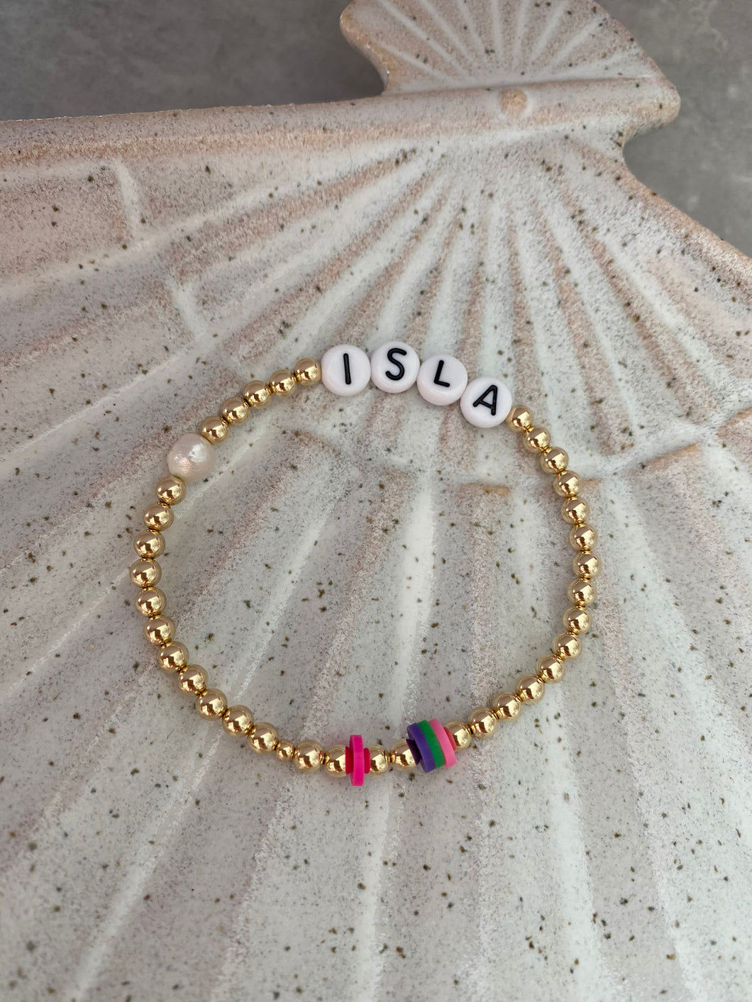 Gold Beaded Name Bracelet | Mother of Pearl